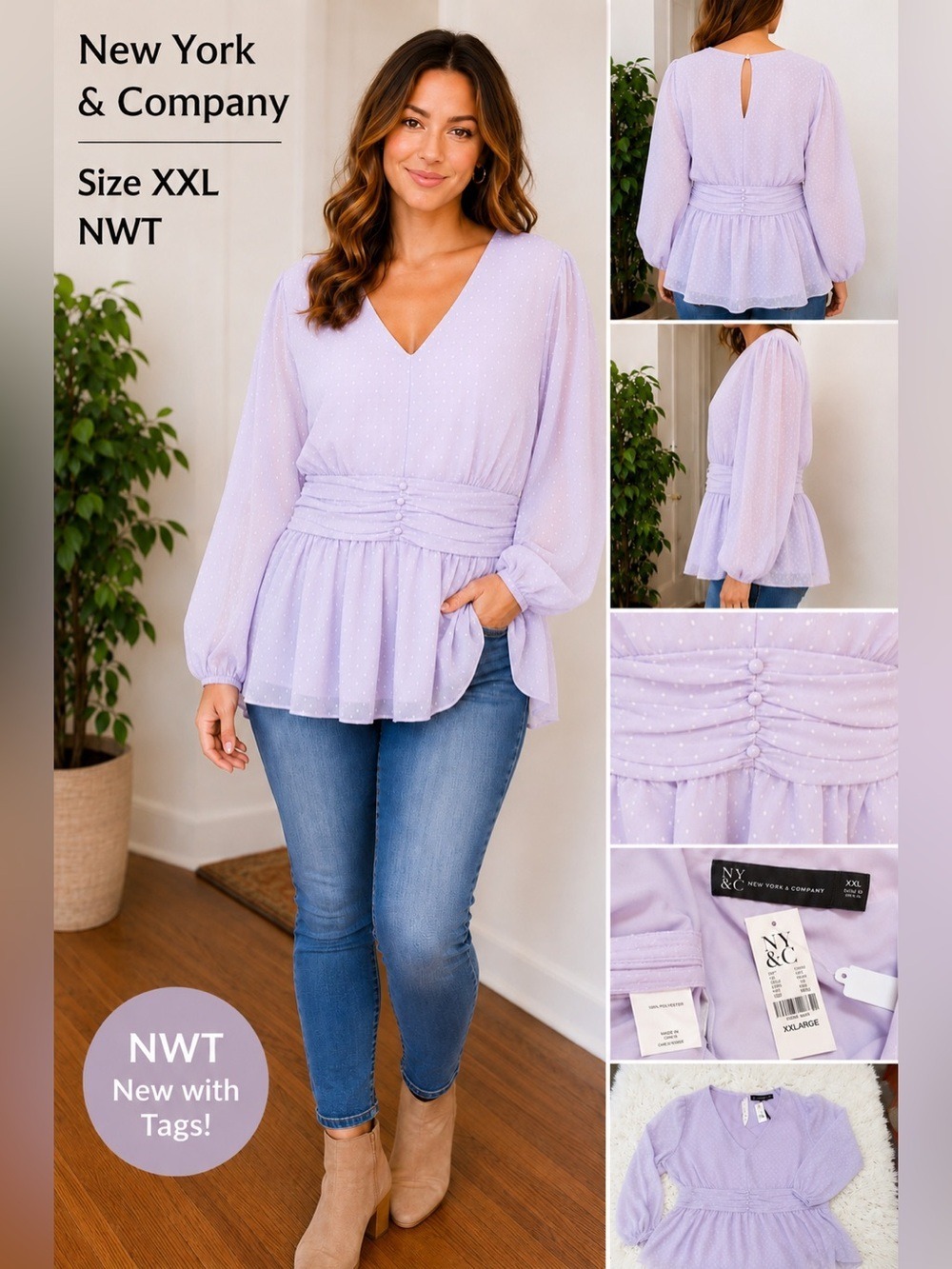 New York & Company Lavender Swiss Dot Peplum Blouse XXL NWT